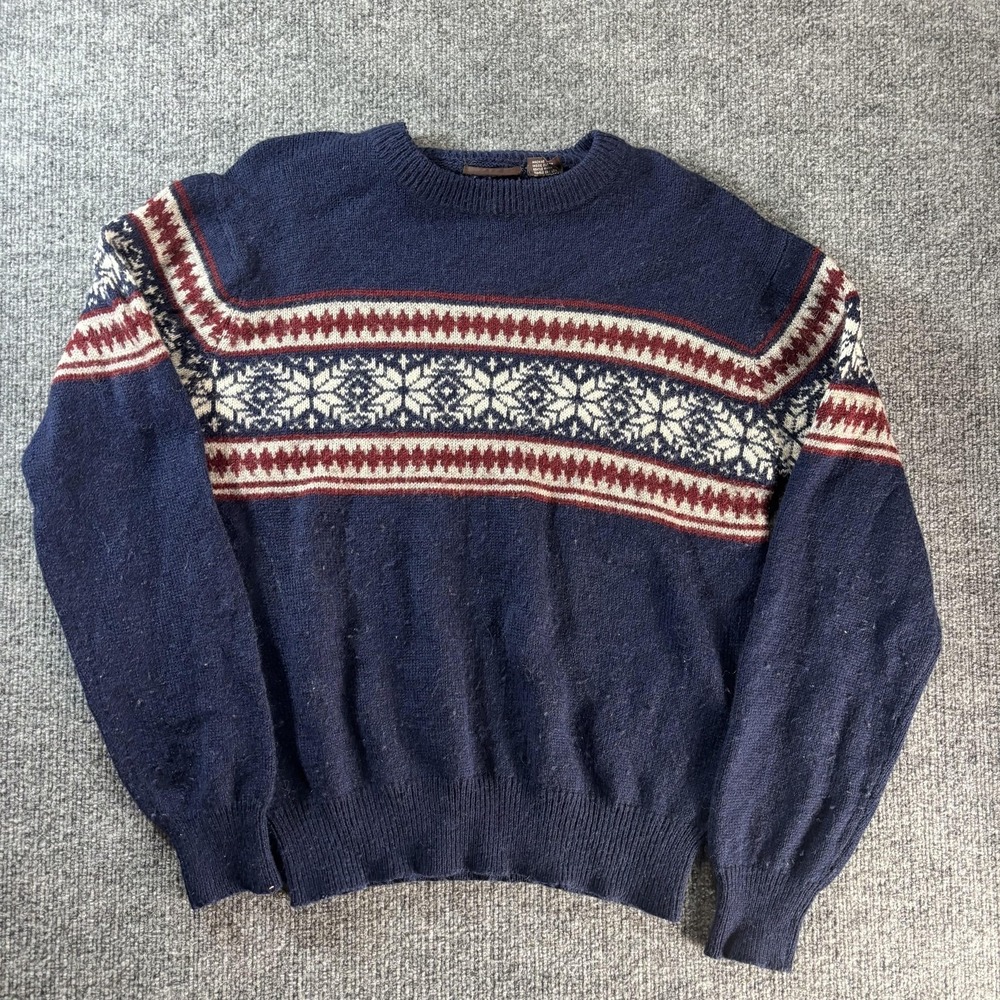 Vintage Powers Sweater Mens Medium Blue Fair Isle Wool Ski Knit Crewneck‎